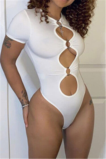 037616-0 Solid White color back zip-up hollow out sexy bodysuit Pic 2