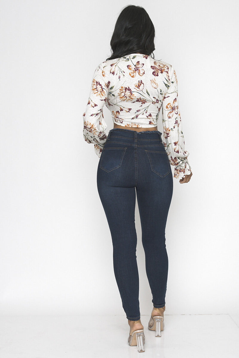 45561-ET2310 IVORY W. FLOWERS LONG SLEEVE CROP TOP Pic 2