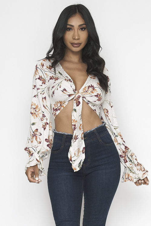 45561-ET2310 IVORY W. FLOWERS LONG SLEEVE CROP TOP Pic 3