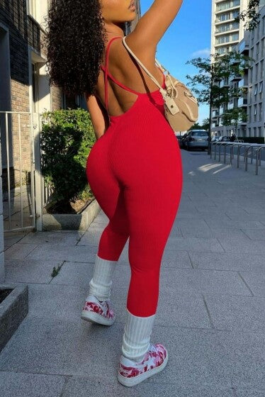 Backless Slim Stretch Jumpsuit Red Pic 2 - Copy