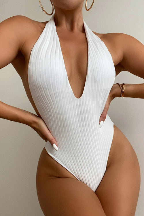 Classic Backless Ribbed Padded Halter V-Neck Plunge One-Piece swimsuit Pic 1