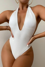 Classic Backless Ribbed Padded Halter V-Neck Plunge One-Piece swimsuit Pic 2