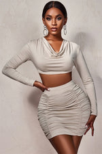 Cowl Crop Top Ruched Skirt Set