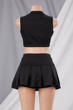 Zip Up Crop Vest Top Pleated Skirt Set