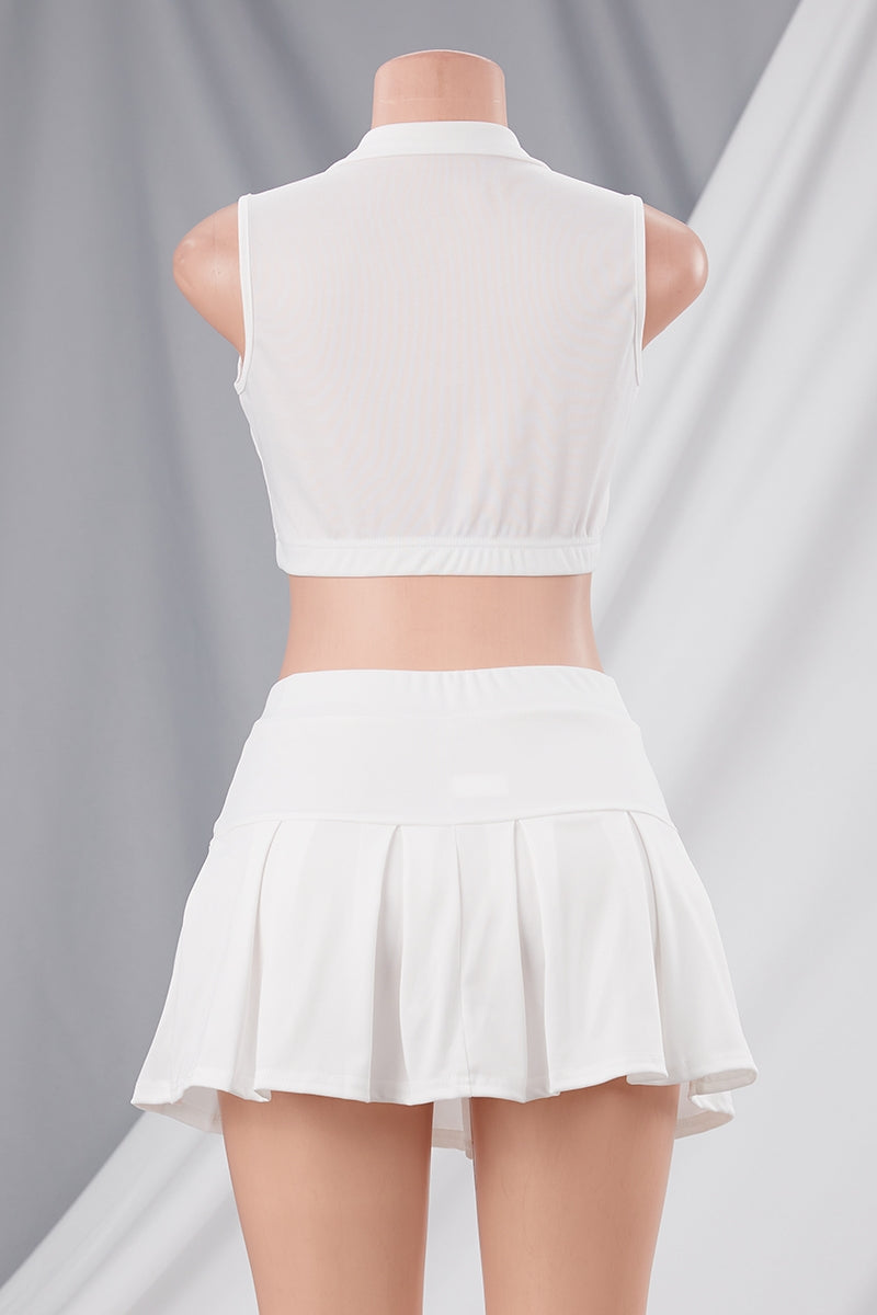 Zip Up Crop Vest Top Pleated Skirt Set
