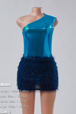 One-Shoulder Bodysuit Fuzzy Mini Skirt Set