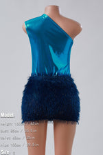 One-Shoulder Bodysuit Fuzzy Mini Skirt Set