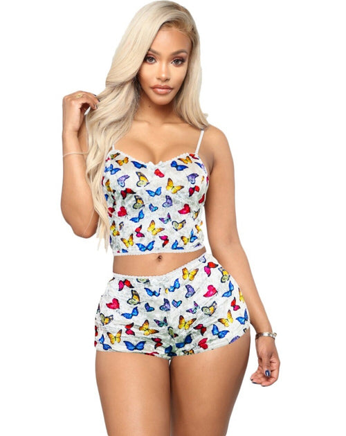 Fashion Printed Velvet Sexy Shorts Pajamas Women Suit Butterfly
