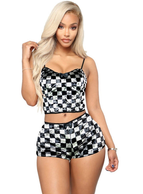 Fashion Printed Velvet Sexy Shorts Pajamas Women Suit Checkered