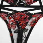 Floral Embroidery Print Bra & Panty Set with Corset/Garter