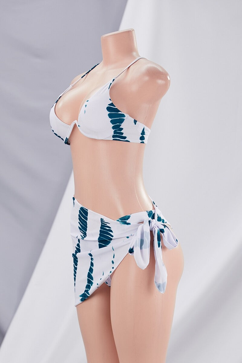 Graphic Padded Underwire Adjustable Straps Three-Piece Bikini Swimsuit Set Blue Pic 3