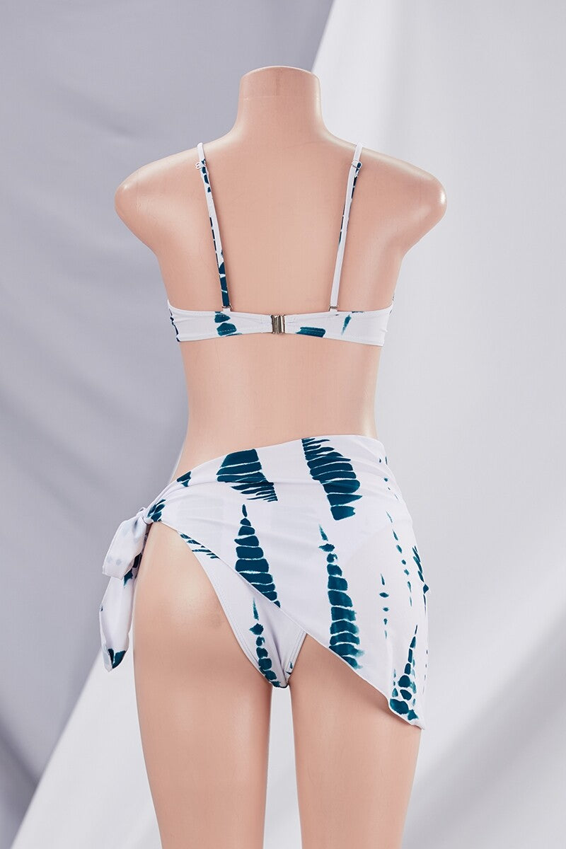 Graphic Padded Underwire Adjustable Straps Three-Piece Bikini Swimsuit Set Blue Pic 4