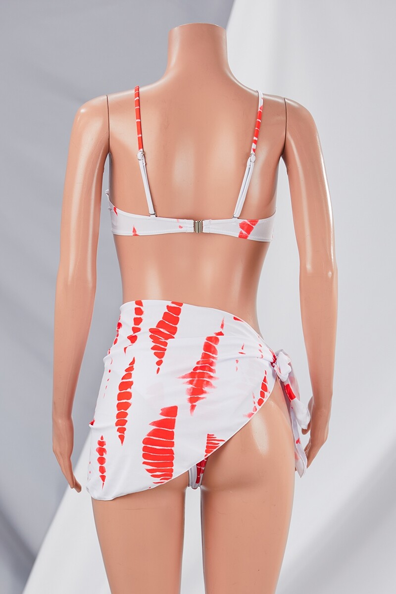 Graphic Padded Underwire Adjustable Straps Three-Piece Bikini Swimsuit Set Orange Pic 3