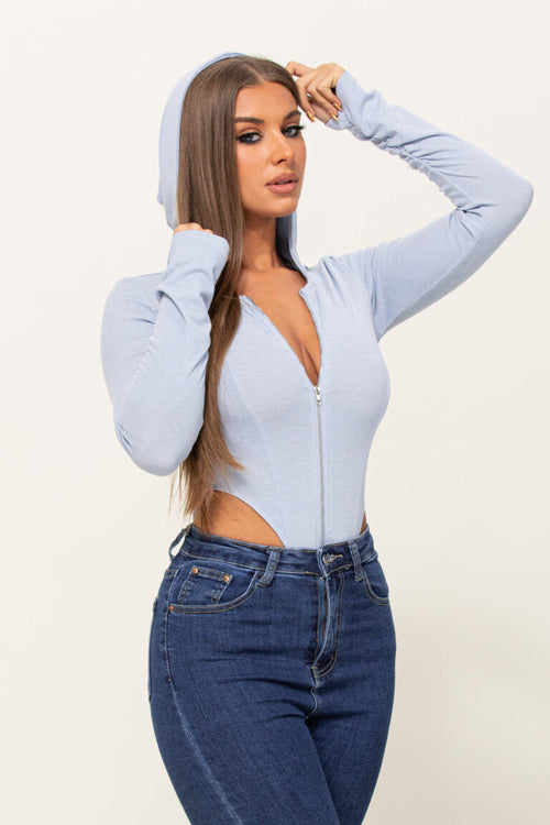 HIGH CUT OUT RIBBED HOODIE BODYSUIT Pic 1