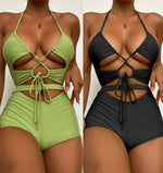 Halter-Neck Padded Hollow High-Waist Boy Shorts Two-Piece Swimsuit Green and Black Pic 1