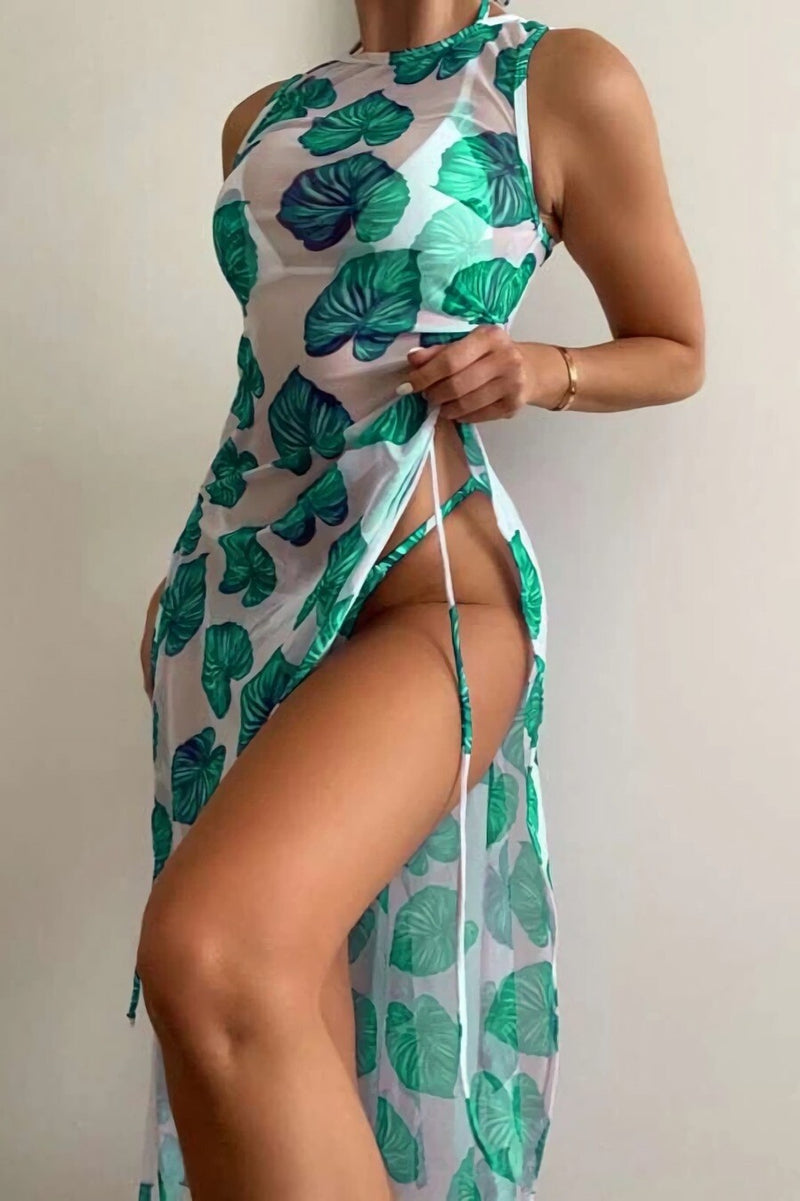 Leaf Print Padded Halter Thong Bikini High Split Cover-Up Beach Set