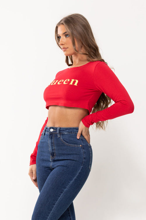 LONG SLEEVES QUEEN CROPPED T SHIRT RED Pic 2