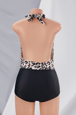 Leopard Padded Halter V-Neck Plunge One-Piece Swimsuit Pic 2
