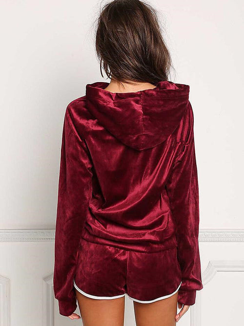 New Korean Velvet Hooded Long Sleeve Sports Home Pajamas Suit Red Pic 2
