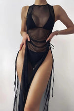 Padded Halter Thong Bikini with Sheer Mesh Drawstring Cover-Up Set