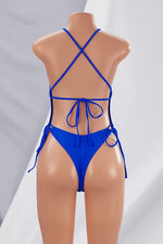 Padded V-Neck Plunge Backless Self-Tie One-Piece Swimsuit Blue Pic 4