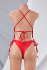Padded V-Neck Plunge Backless Self-Tie One-Piece Swimsuit Red Pic 4