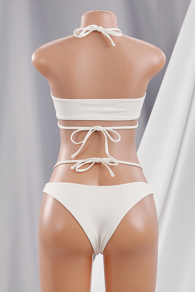 Ribbed Padded Halter Hollow Lace-Up Two-Piece Bikini Pic 3