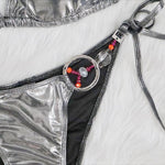 Silver Rhinestone and Ring Padded Halter Self-Tie Two-Piece Bikini Swimsuit Pic 6