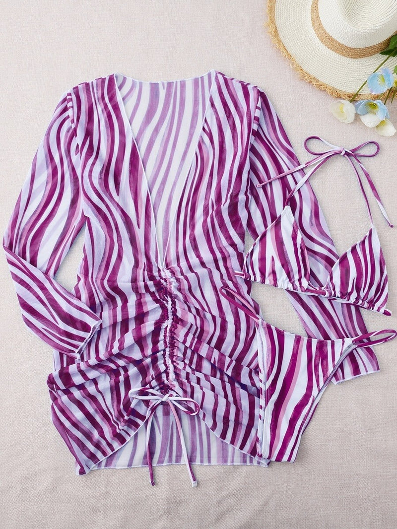 Tiger Stripes Print Padded Halter Mesh Drawstring Cover-Up Three-Piece Bikini Pic 3