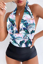 Graphic Print  Padded Halter V-Neck Plunge One-Piece Swimsuit