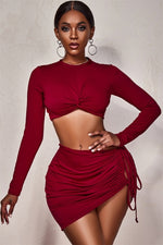 Twisted Crop Top Hollow Ruched Skirt Set