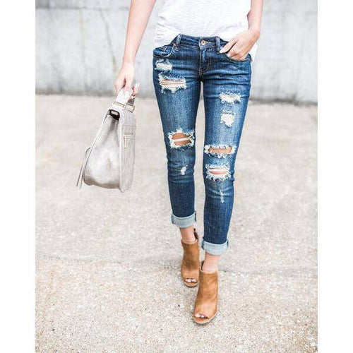 Women Skinny Hole Destroyed Jeans Long Stretch Pencil Jeans Pic 1
