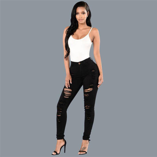 Women Slim Pencil Jeans Ripped Jeans Fashionable Skinny Jeans Black Pic 1