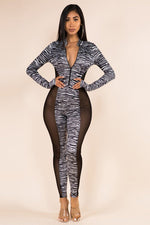 ZEBRA PRINT SIDE CUT OUT WITH MESH JUMPSUIT Pic 1