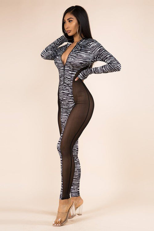 ZEBRA PRINT SIDE CUT OUT WITH MESH JUMPSUIT Pic 3