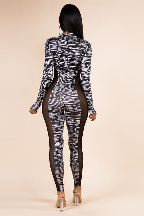 ZEBRA PRINT SIDE CUT OUT WITH MESH JUMPSUIT Pic 4