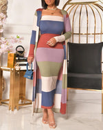 Ribbed Striped Tube Dress With Long Cardigan