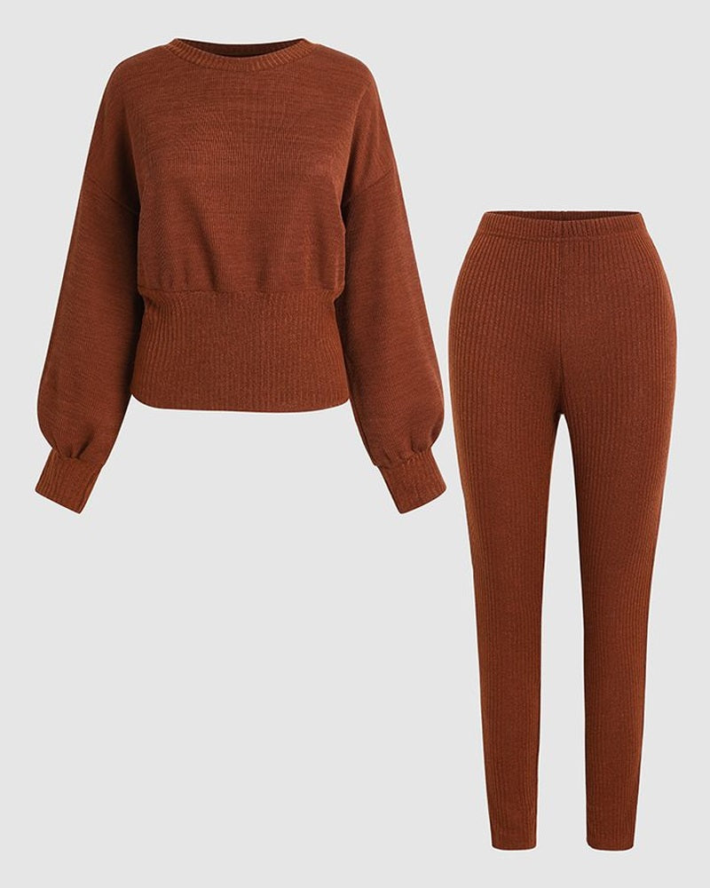 Knit Lantern Sleeve Sweater & Legging Pants Set