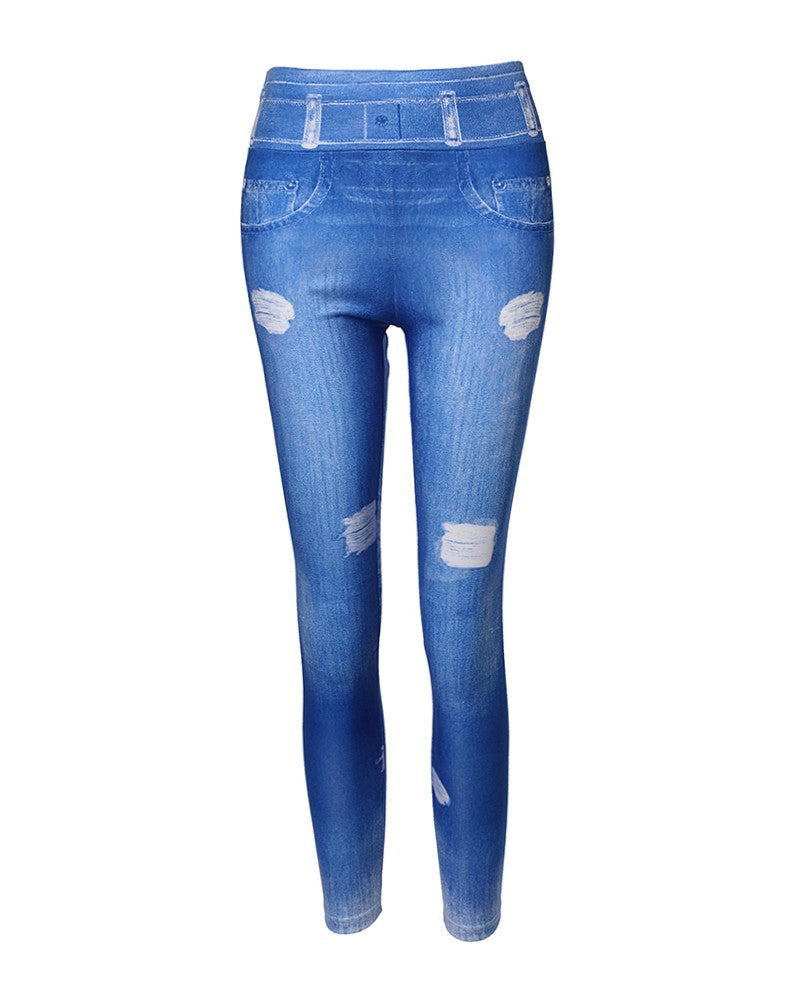 High Waist Ripped Denim Print Leggings