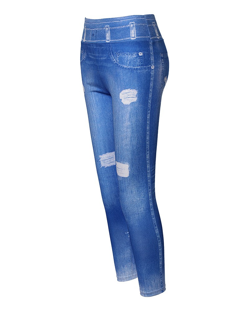 High Waist Ripped Denim Print Leggings