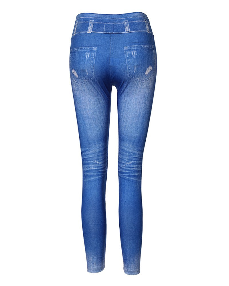 High Waist Ripped Denim Print Leggings