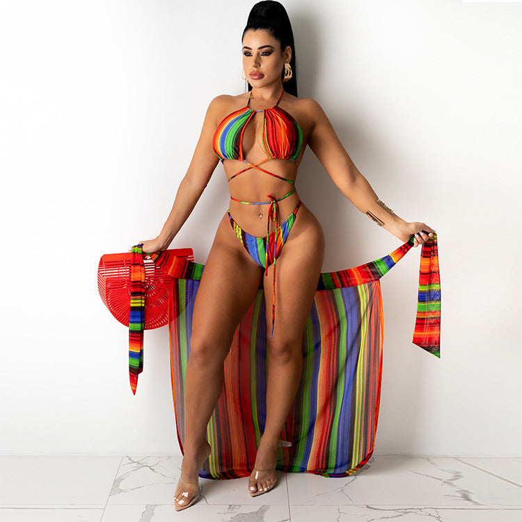 Three Piece Multicolor Stripe Print Beach Set