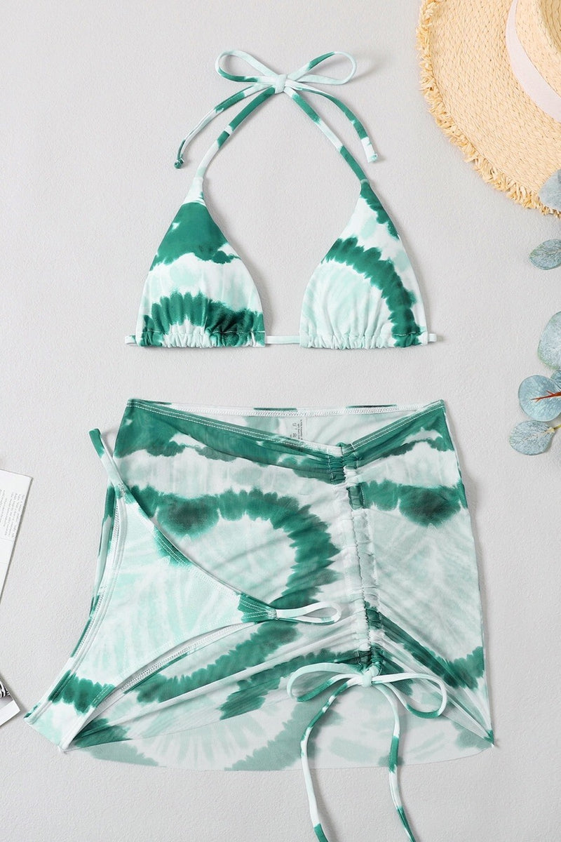 Abstract Print Padded Halter Drawstring Mini Skirt Three-Piece Bikini Set Pic 5