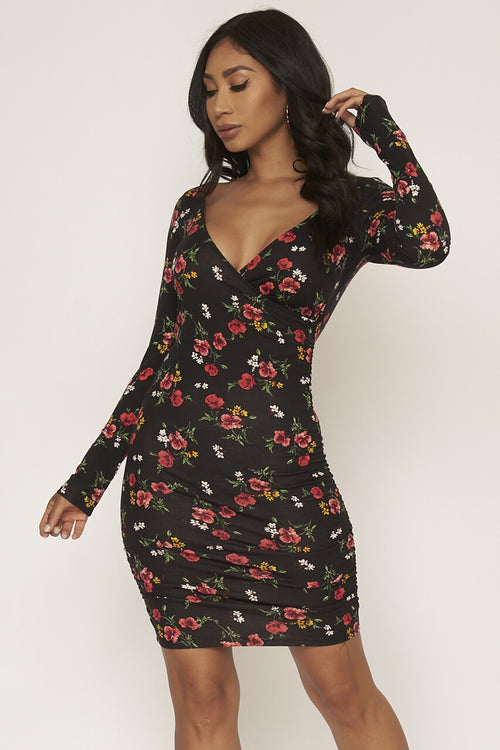 BLACK LONG SLEEVE FLORAL MIDI DRESS Pic 1