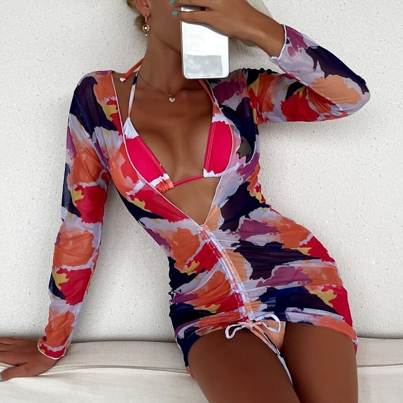 Three-Piece Graphic Print Padded Halter Bikini Mesh Drawstring Cover-Up Set