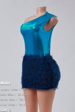 One-Shoulder Bodysuit Fuzzy Mini Skirt Set