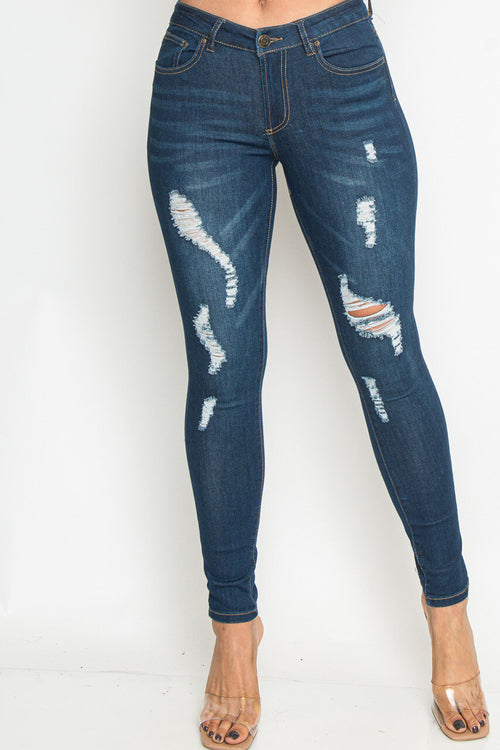 DENIM BLUE RIPPED SKINNY JEANS 5POCKETS Pic 1