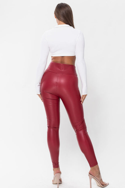 FAUX LEATHER LEGGINGS PANTS WINE Pic 4