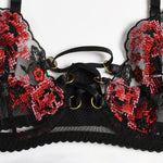 Floral Embroidery Print Bra & Panty Set with Corset/Garter