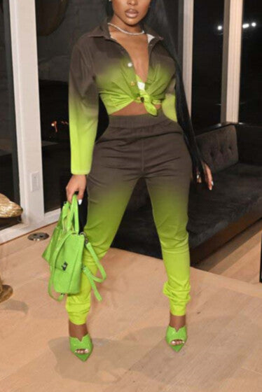 GRN Two gradient color tie-dye inelastic blouse with micro-elastic pants set 1